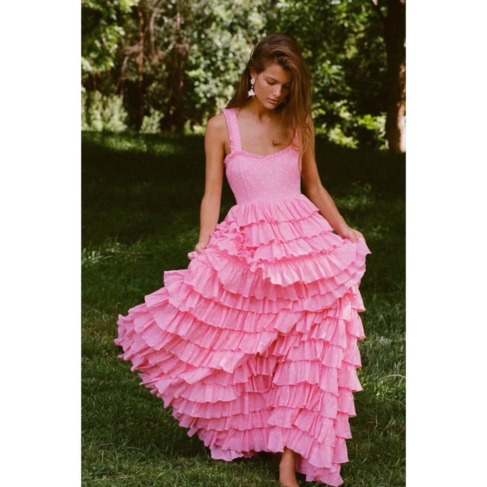 NWT Loveshackfancy Idra Tiered Maxi Dress in Hot Pink Polka Dot Ruffle Barbie